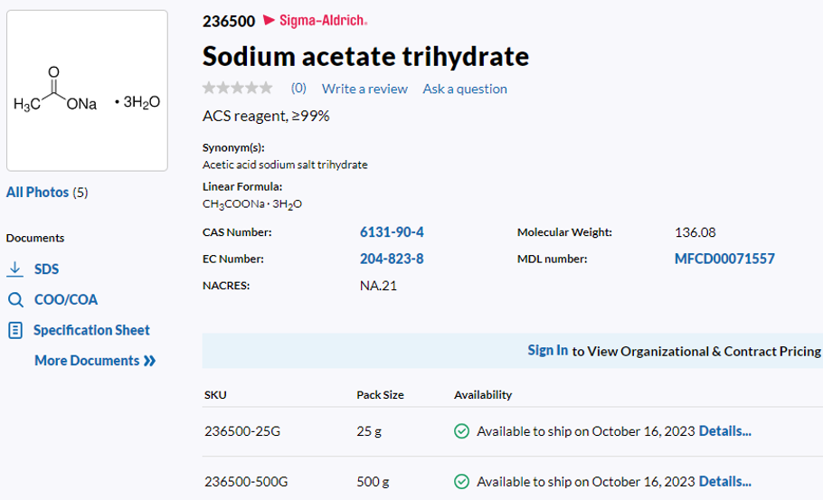 Sodium Acetate Trihydrate, 500g